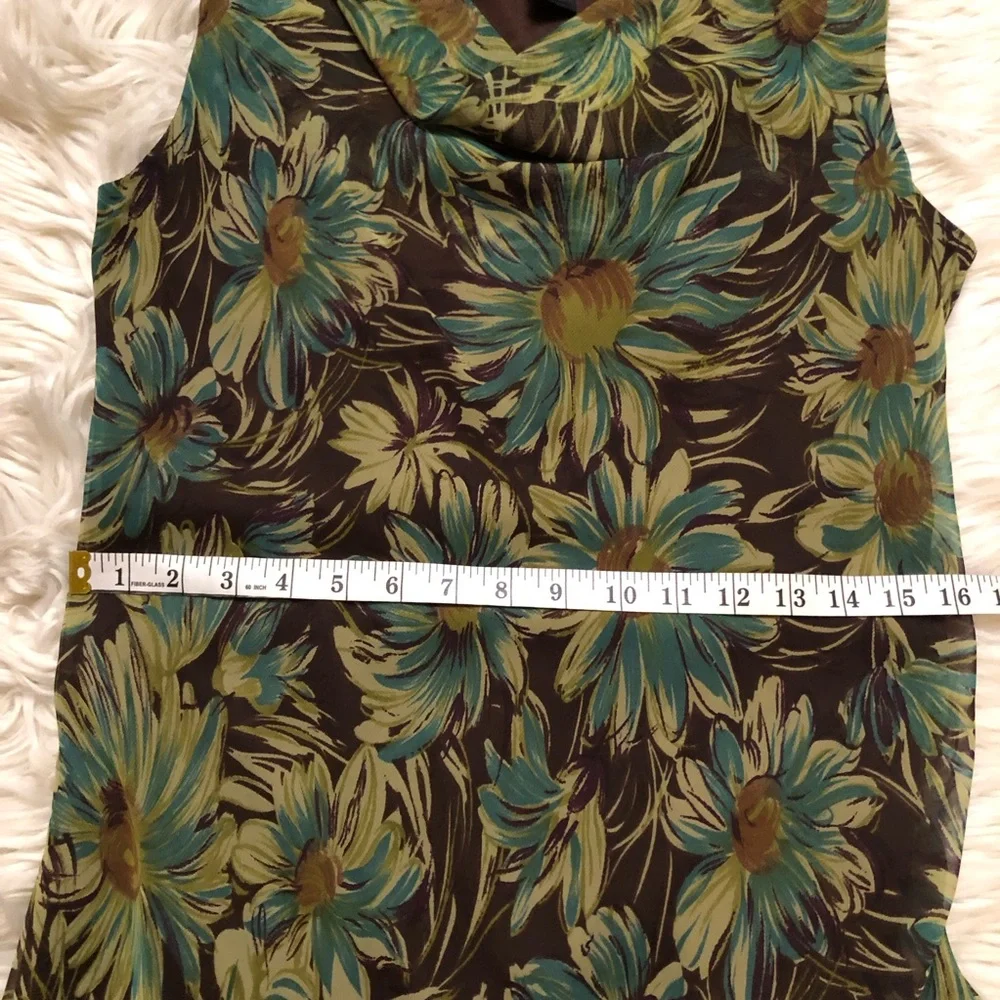 Meghan Matthews Daisy Floral Asymmetrical Sleeveless Green Brown Midi Dress 8 - Picture 9 of 10